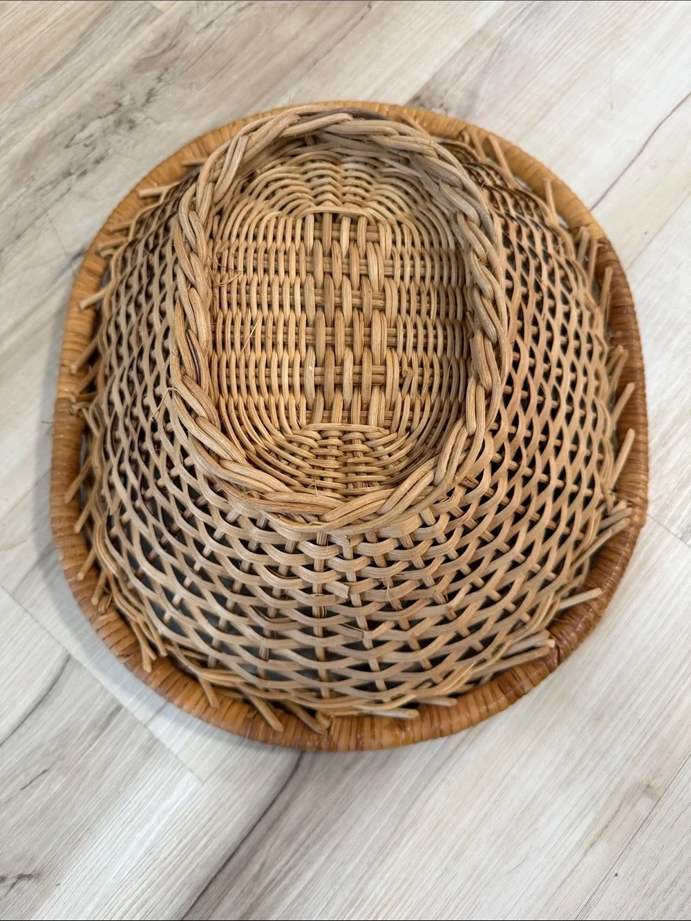 Vintage Large Woven Rattan Basket Double Handles Pedestal Boho Farmhouse Décor